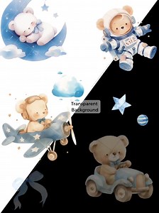 Blue Teddy Bears Cute Clipart Bundle Watercolor Bears Balloons PNG Cute Bear Astronaut Baby Shower Birthday Invitations Boho Nursery - Etsy