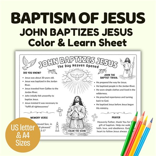 John Baptizes Jesus Bible Story Coloring Page for Kids | Baptism of Jesus Printable PDF - Etsy Canada