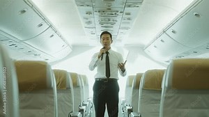 Mid-Flight Briefing: An airline worker delivers instructions or a speech within an aircraft, communicating an important announcement to passengers.