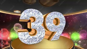 39th birthday animation in gold and diamonds with fireworks background, Animated 39 years Birthday Wishes in 4K