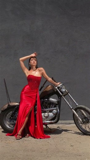 Ladivine C170 Red Prom Dress ❤️ Beaded Corset Satin High Slit Prom 2026