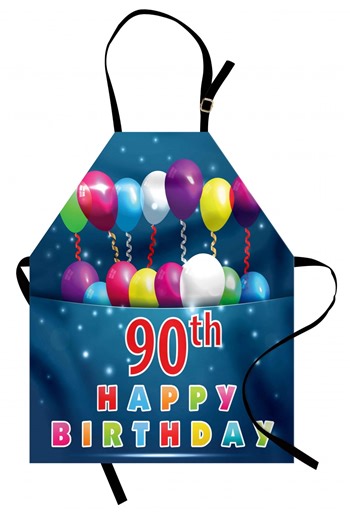 90th Birthday Apron Joyful Surprise Party Mood with Best Wishes Balloons and Swirls Age Ninety, Unisex Kitchen Bib Apron with Adjustable Neck for Cooking Baking Gardening, Multicolor, by Ambesonne