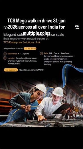 TechCareerHubs on Instagram: "TCS MEGA Walk In Drive, 31st-Jan-2026 all over India. Walk in drive location: Hyderabad, Bengaluru, Chennai, Mumbai, Noida, Kolkata, Bhubaneswar, Kochi. Roles: SAP, Oracle, Salesforce, Service now, Pega, java, dot net etc many more For more details link in BIO Or Comment. TCS I will send it to you directly. #tcs #hiring #jobs #hyderabad #bengaluru"