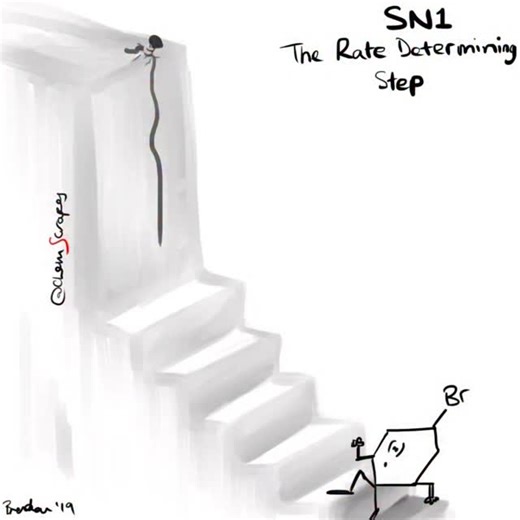 A ChemScrapes look at the rate determining step for SN1 (or E1 I guess). Before any comments - this is not bromobenzene and cyclohexane is not planar. 2019 skill issue for me when I did the animation 🙃 #chemistry #chem #chemistrylab #chemistrylover #chemistrystudent #chemistrymemes #quimica #chemteachers | ChemScrapes