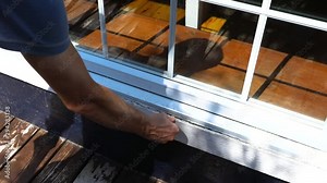Indoor damp & air quality (IAQ) testing. A closeup view of a person inspecting the wooden frame around a door opening of a domestic dwelling, checking for wood rot and structural defects.