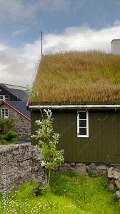 Natural Grass Rooftops atop Scandinavian Style Architecture in Tórshavn, the Capital of the Faroe Islands. Beautiful example of natural grass rooftops, commonly seen in the Faroe Islands. Stock Video