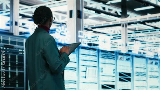 Female programmer walking in data center using tablet to write code, compiling software patches. African american woman in server hub using device application to run programming script, camera B