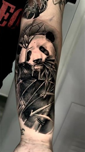🐼 Realistic Panda Tattoo | Bamboo Black and Grey Forearm Ink 🎋