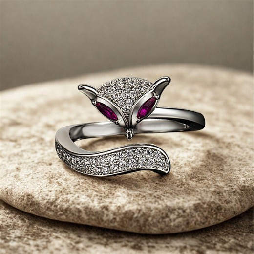 Silver Fox Ring: Red Stone Eyes, Adjustable Animal Jewelry - Etsy