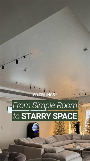 When Lighting changes how a room feels ✨ Starry Sky Stretch Ceiling for a private villa 📍 Location: Abu-Dhabi, UAE 🛠 Materials Used: – White Stretch Ceiling with Fiber Optic Stars and shooting stars – Chandelier with spot lights – Slim Track Lights with spot lights and speakers 🌟 Features: The ceiling combines Fiber Optic Stars, 5 mm Slim Track Lights seamlessly integrated into the surface, and a chandelier that acts as the visual focal point. The stars set the mood, the Track Lights keep the