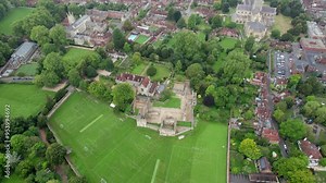 Winchester Cathedral and Wolvesey Castle, aerial view of the famous medieval architecture in Winchester, Hampshire