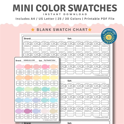 Printable Mini Color Swatch Chart PDF | Cute Fish Blank Marker Tracker | 25 30 Colors Palette | A4 US Letter Art Organizer | Marker Swatch - Etsy