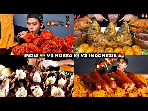 India 🇮🇳 vs Korea 🇰🇷 vs Indonesia 🇮🇩 Mukbang Challenge! Food Battle – Who Wins? 🤯🔥