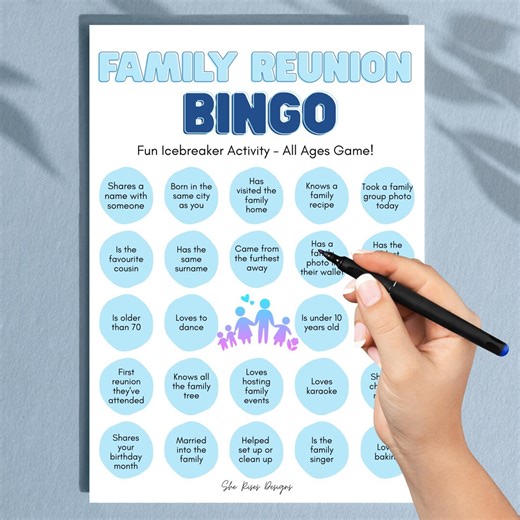 Blue Family Reunion Bingo Game | Printable Icebreaker (Instant Download A4 & PNG)