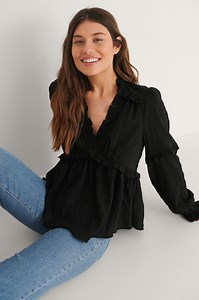 Structured Long Sleeve Frill Blouse Black