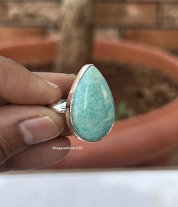 Pear Amazonite Minimalist Ring, 925 Sterling Silver Ring, Handmade Jewellery, Cabochon Ring, Healing Crystal Ring, Gemstone Wedding Band - Etsy