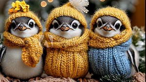Charming penguins wear vibrant knitted hats and scarves, creating a heartwarming atmosphere during a delightful winter celebration among the frosty backdrop.