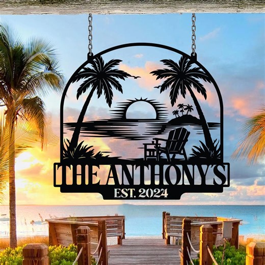 Personalized Beach House Sign, Custom Family Name Metal Wall Art, Tropical Sunset Palm Tree Decor, Outdoor Patio Garden Hanging Sign Gift - Etsy