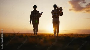 Silhouette of women farm workers agronomist manager with tablet discussing harvesting, making calculations collecting data on agricultural field at sunset, full length. Agribusiness, work on farmland.