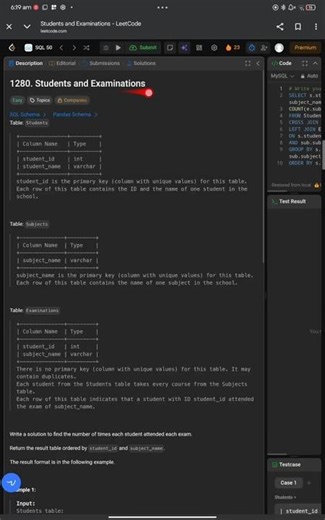 LeetCode Top 50 SQL | Question 12 | Students and Examinations | 1280 leetcode