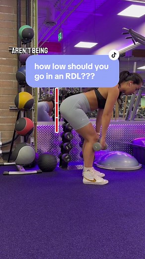 how low should you go in an RDL?? Let’s discuss⬇️ . . . There is no one size fits all answer for this question, because how low someone can get while maintaining good posture will ultimately depend on their mobility, but here are some general guidelines to keep in mind: The effectiveness of an RDL for your glutes & hamstrings (the target muscles) is determined by how much stretch you can get on those muscles, in other words, by how far back you can push your hips. So once your hips physically ca