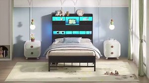 Twin Princess Bed with LED Light-Charging Station,Girl Platform Bed Frame Twin Size with 5 Storage Shelves-Under Bed Storage,No Box Spring Needed, Pink