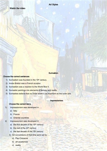 Art Styles worksheet