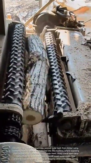 Industrial log debarking machine operation
