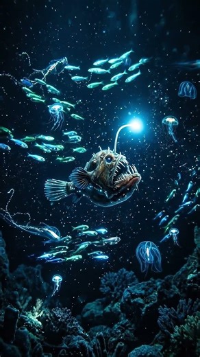 Bioluminescent deep-sea fish glowing in the dark ocean depths, mysterious atmosphere.