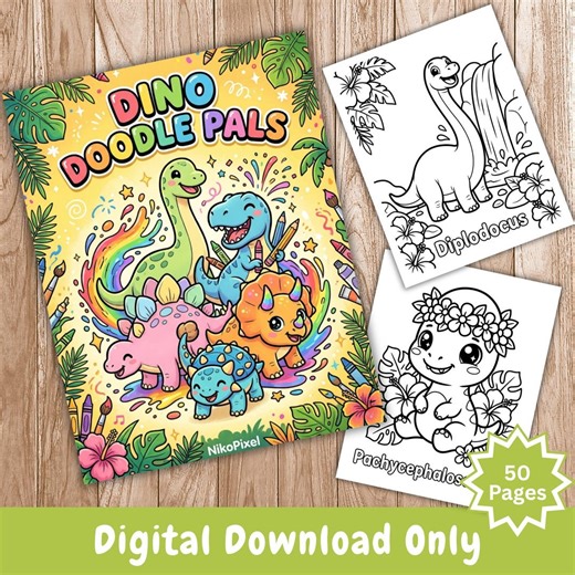 Dino Doodle Pals Kids Dinosaur Coloring Book 50 Pages Printable PDF With Color Guide - Etsy