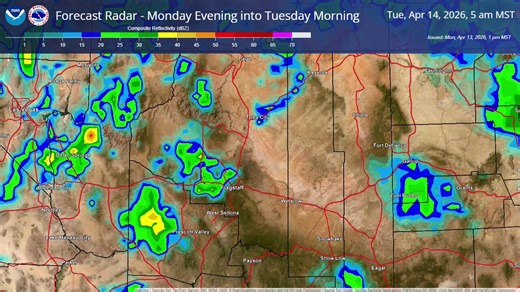 Rain and snow showers will move into northern Arizona this evening into early Tue AM. Snow levels fall to 6000-6500 ft from mid to late evening, with accumulating snow impacting parts of I-40/I-17 & Hwy 180/64 to Grand Canyon. Use caution if traveling in the high country. #azwx