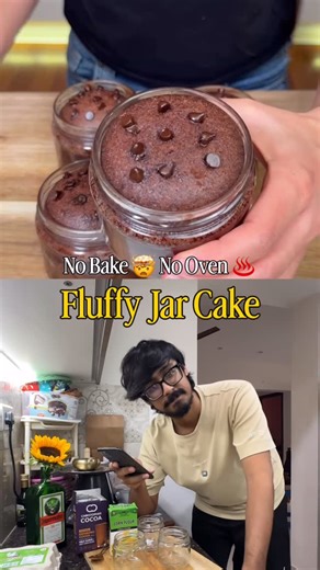 Ganesh Ram | Peppa Foodie on Instagram: "Fluffy Jar Cake without Oven ♨️🤯💥 . . 🥣 Ingredients (Per Jar) 🥚 1 Egg 🍬 3 tbsp Sugar 🛢️ 2 tbsp Oil 🥛 3 tbsp Milk 🌽 3 tbsp Flour (We Used Corn Flour) 🍨 1 tsp Vanilla Essence 🧁 1 tsp Baking Powder 🍫 1 tbsp Cocoa Powder 🍪 1 tsp Choco Chips . . 📝 Steps 1️⃣ Add all the ingredients into a jar, close the lid, and shake well. 2️⃣ Open the lid, mix once with a spoon, and close it again. 3️⃣ Place the jar in a pot, pour water around it, and keep it on 