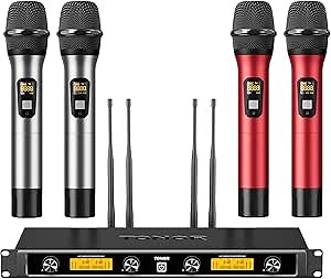 TONOR Wireless Microphones System with 4x10 Channels Dynamic Handheld Mics 4 Antennas for 295FT Long Distance Mic with Adjustable Frequencies Auto Connect for Singing Party Church Karaoke, Silver&Red