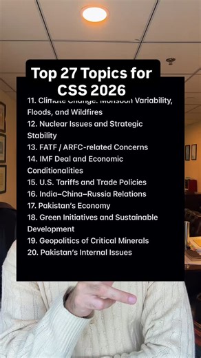 𝙊𝙎𝘼𝙈𝘼 𝙃𝘼𝙈𝙄𝘿 on Instagram: "I’ve shortlisted the top 27 MOST EXPECTED topics for CSS 2026 — and yes, these aren’t just for CSS. 📌 These themes are equally important for PCS, PMS, and other government competitive exams. What makes them important? Because these topics sit at the intersection of current affairs, policy debates, editorials, and examiner trends — the exact areas from where questions are framed. 🔹 In my broadcast channel, we’ll be preparing these topics daily: • Concept bui