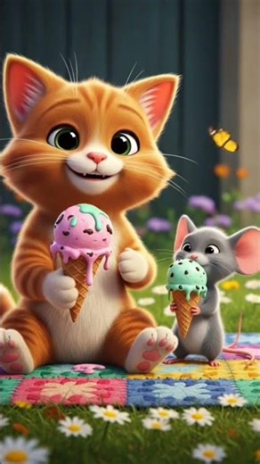 Cute Cat and Mouse Eating Ice Cream Together | Adorable Cartoon AI Art