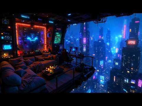 Lofi Ambient – Cozy Rainy Balcony Overlooking a Neon Metropolis | Late Night Study Sessions | 4K