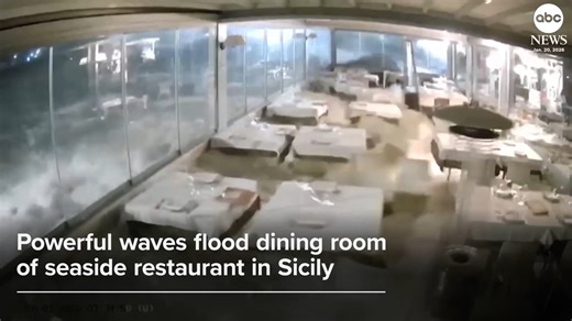 Security camera footage shows the moment powerful waves inundated the dining room of a seaside restaurant in Sicily on Tuesday. https://abcnews.visitlink.me/sqINuP | ABC News