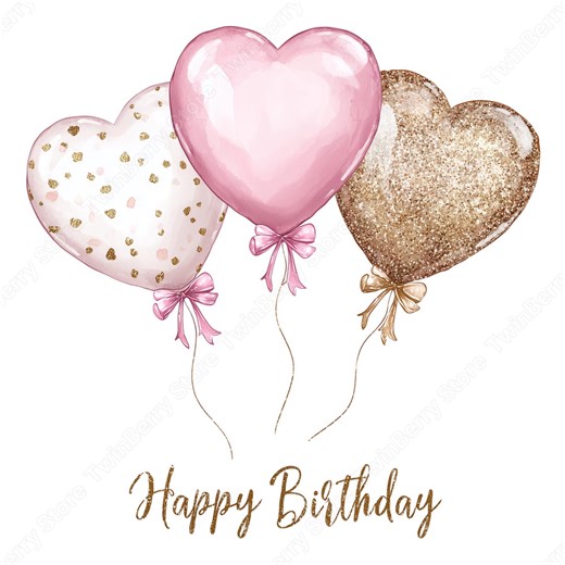 Happy Birthday Balloons PNG, 18 Pink Gold Watercolor Clipart With Hearts and Gift Boxes - Etsy Australia