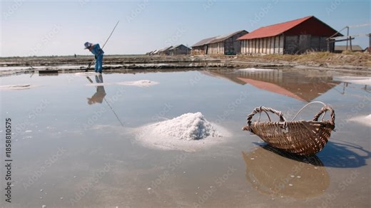 Cambodian salt worker collecting sea salt from an evaporation pond. Traditional salt production in kampot rural fields.