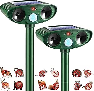 2 Pack 2025 Solar Ultrasonic Animal Repellent Outdoor Deer Repellent Devices Motion Detection Waterproof Cat Dog Skunk Raccoon Squirrel Rabbit Deterrent Animal Repeller for Yard Farm