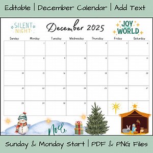 Editable December 2025 Printable Calendar | PDF and PNG Files