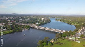 Aerial drone view of Nowra Bridge crossing Shoalhaven River along the Princes Highway in Nowra in the City of Shoalhaven, NSW, Australia Stock Video
