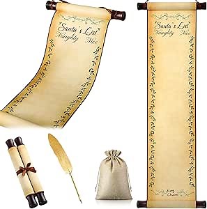 Watersay Christmas Santa's List of Naughty and Nice Scroll Paper Blank Scrolls with Wooden Stick 7.8 x 31.5 Inch Paper Santa Claus Role Play Prop for Hand Writing with Burlap Bag and Feather Pen