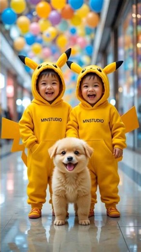Cute Baby Twins Dance in Pikachu Costume with Puppy 🐶 | Adorable Kids Dancing in Mall 2025