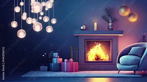 fireplace with christmas decorations in the night with christmas light and gift box. cartoon animation background.