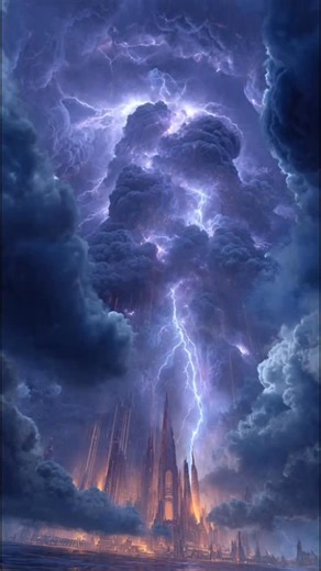 Tempest Cathedral, a storm forming like a cathedral in motion, with IMAX-scale cumulonimbus towers, volumetric lightning, hyperdynamic HDR sky, clouds shaped like vaults and pillars, lightning ripples in vertical arcs, rain glows faintly with plasma hues. | Capixaba da Gema