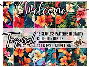 Tropical Floral Seamless Patterns | Ideal for Cards,invitation,phone Case,book,mug and Apparel | Tropical Flowers Bundle of 16 PNG - Etsy