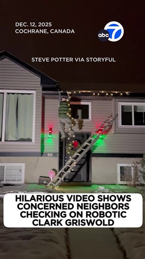 ABC7 Eyewitness News on Instagram: "A silly display depicting Clark Griswold from "National Lampoon’s Christmas Vacation" hanging from a gutter got the attention of concerned community members passing by a home in Canada. 🎄😅"