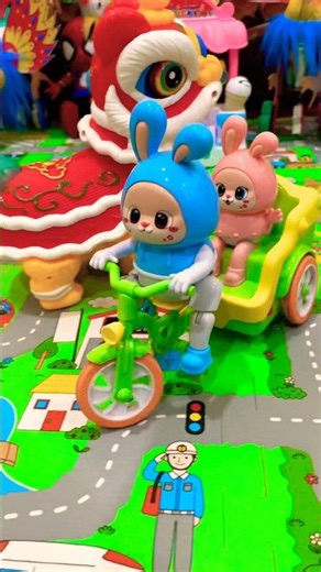 Labubu blue pink snacking ice cream riding a mini bike