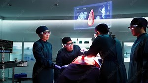 Surgeons use augmented reality (AR) technology during an operation, with a holographic projection of an organ visible.